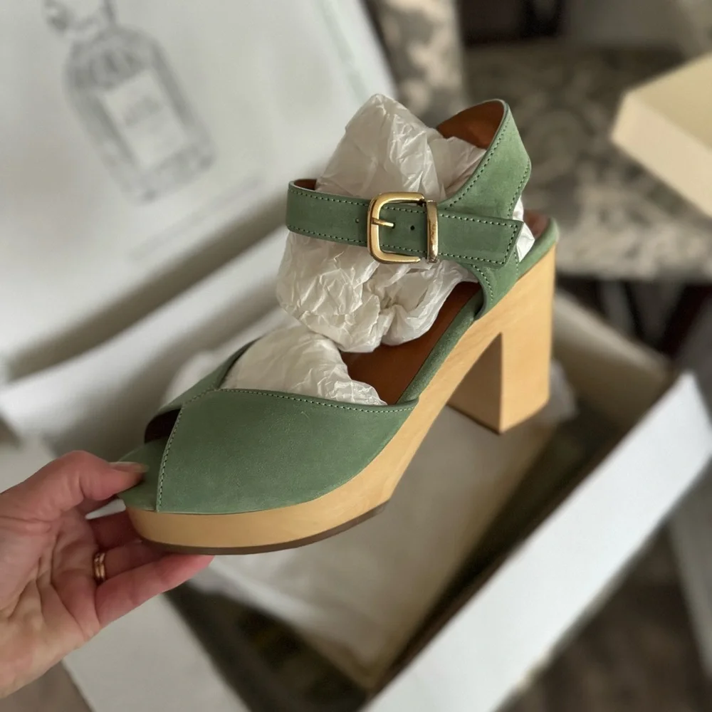Sezane Platform Wooden FAUSTA CLOGS Almond Green Color FR Size: 39 or US 8 - Picture 5 of 13